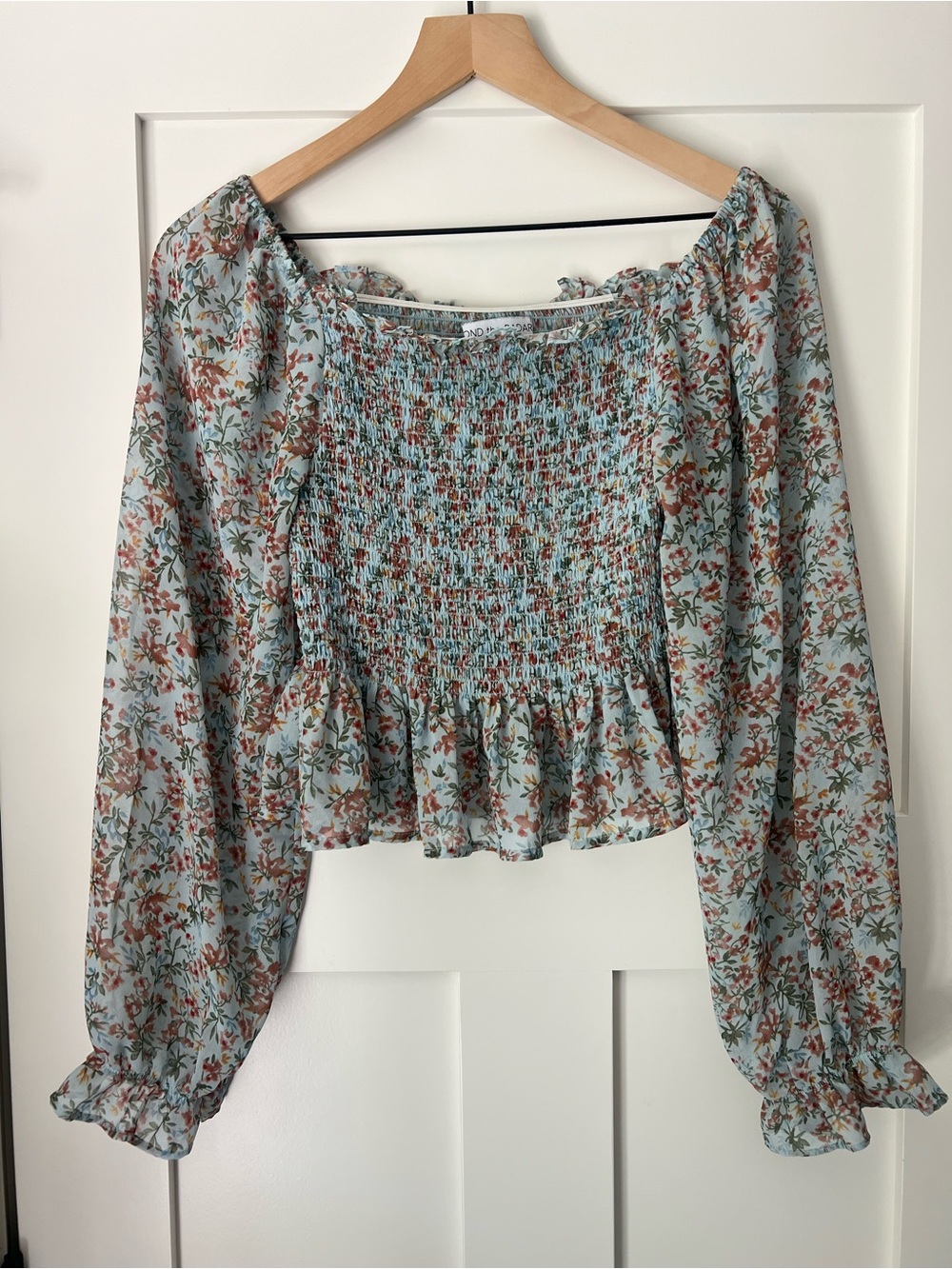 Floral Smocked Summer Crop Top Sheer Sleeve Cottagecore L